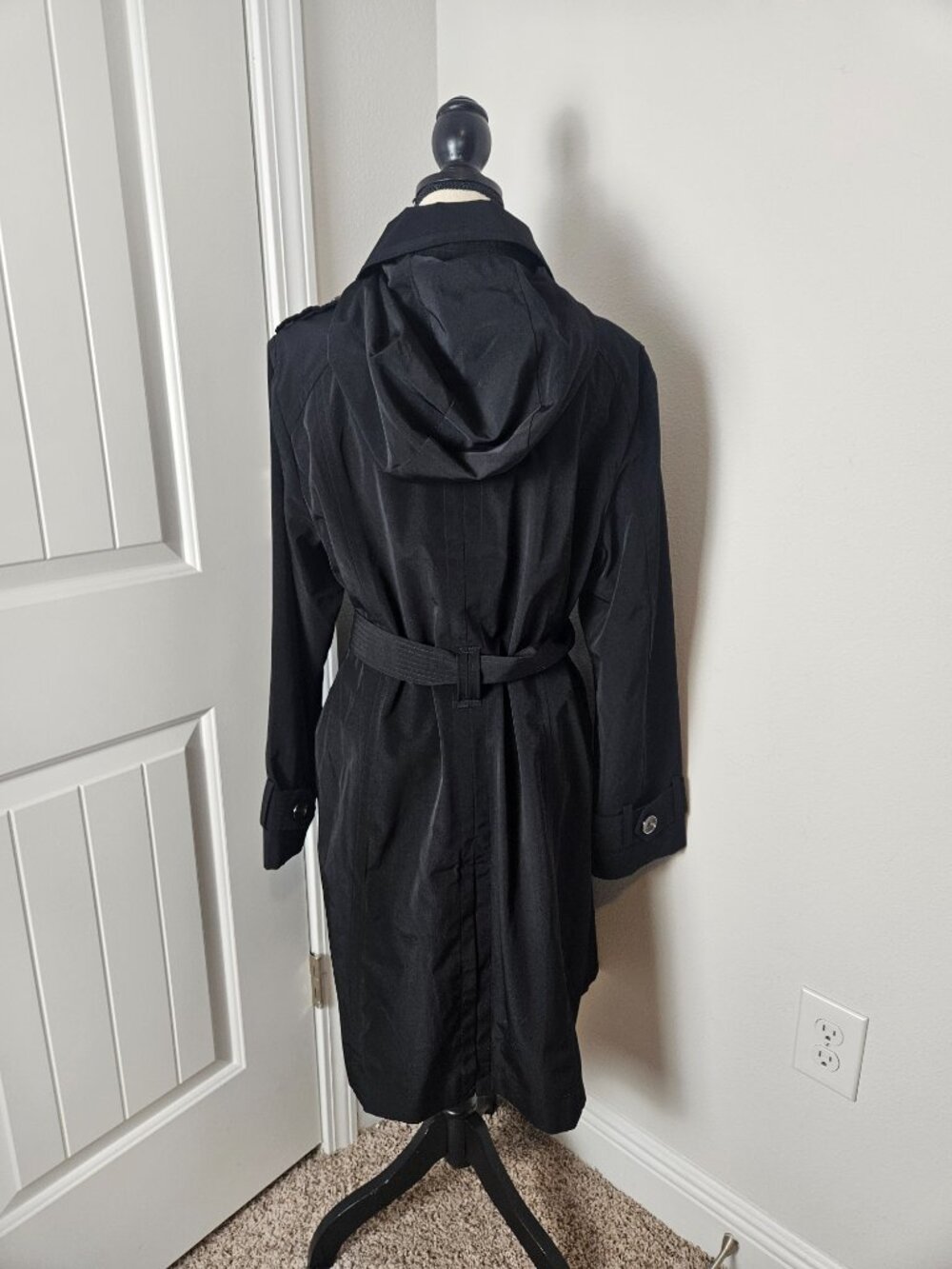 LONDON FOG DOUBLE BREASTED HOODED TRENCH COAT BLACK WOMEN'S SIZE XL - Picture 8 of 13